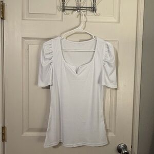 White Square Neck Puff Sleeve Ribbed Stretch Top – L
